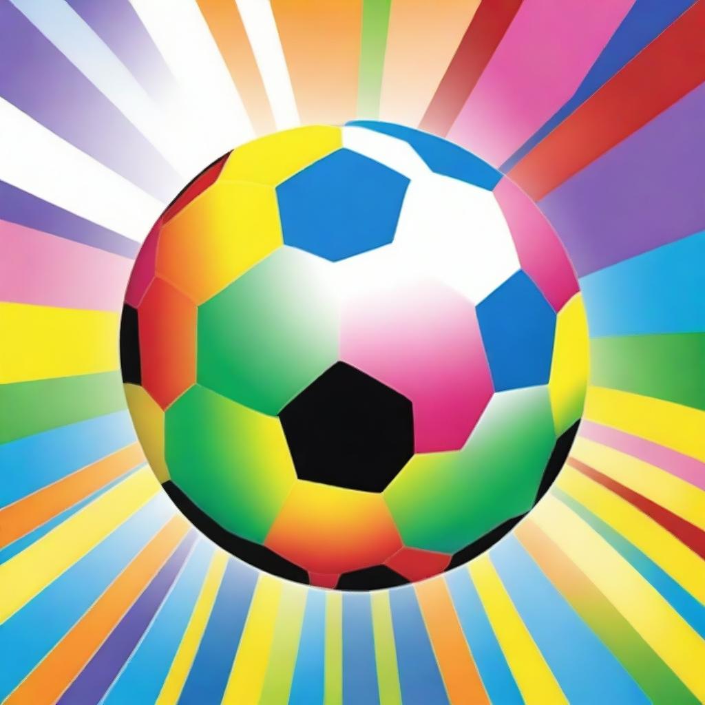 Create a detailed image of an overly colorful soccer ball with the sun setting behind it