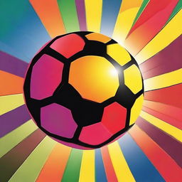 Create a detailed image of an overly colorful soccer ball with the sun setting behind it