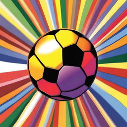 Create a detailed image of an overly colorful soccer ball with the sun setting behind it