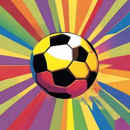 Create a detailed image of an overly colorful soccer ball with the sun setting behind it