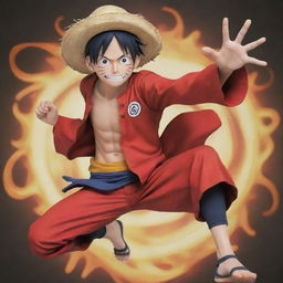 Naruto Uzumaki wearing Monkey D. Luffy's signature outfit from One Piece in a heroic pose