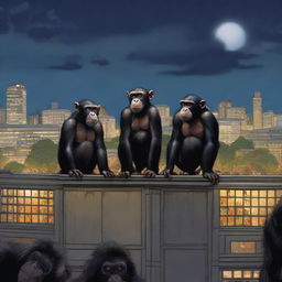 A highly realistic scene featuring two angry chimpanzees standing on top of a zoo's roof at night, with a crowd of chimpanzees visible behind them