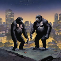 A highly realistic scene featuring two angry chimpanzees standing on top of a zoo's roof at night, with a crowd of chimpanzees visible behind them