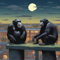 A highly realistic scene featuring two angry chimpanzees standing on top of a zoo's roof at night, with a crowd of chimpanzees visible behind them