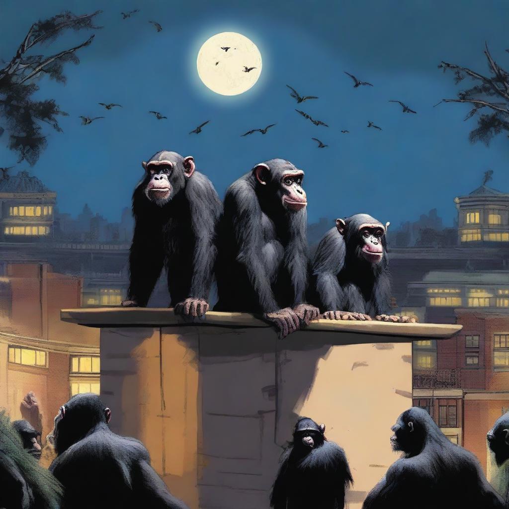 A highly realistic scene featuring two angry chimpanzees standing on top of a zoo's roof at night, with a crowd of chimpanzees visible behind them