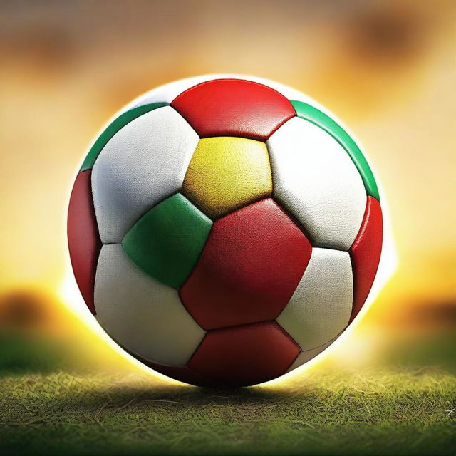 Create a detailed image of the 2022 World Cup soccer ball with the sun setting behind it