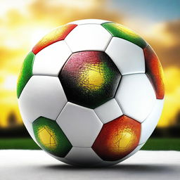 Create a detailed image of the 2022 World Cup soccer ball with the sun setting behind it