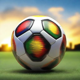 Create a detailed image of the 2022 World Cup soccer ball with the sun setting behind it