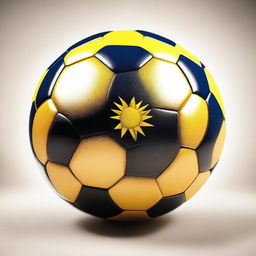 Create a detailed image of a soccer ball resembling the World Cup 2022 ball with the sun setting behind it