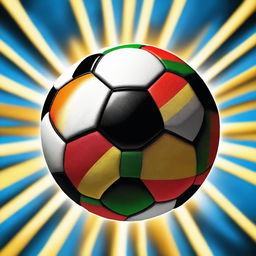 Create a detailed image of a soccer ball resembling the World Cup 2022 ball with the sun setting behind it