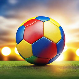 Create a detailed image of a soccer ball resembling the World Cup 2022 ball with the sun setting behind it