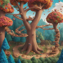 2D illustration of a vibrant scene filled with copious amounts of nuts, whimsical toys, and an acrobatic course winding its way through the treetops.