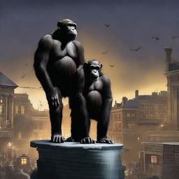 A highly realistic scene featuring two very angry chimpanzees standing on top of a zoo's roof at night, with a crowd of chimpanzees visible behind them