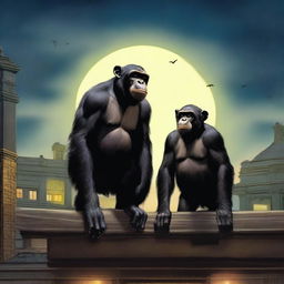 A highly realistic scene featuring two very angry chimpanzees standing on top of a zoo's roof at night, with a crowd of chimpanzees visible behind them