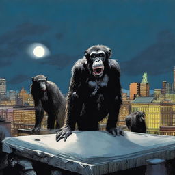 A highly realistic scene featuring two very angry chimpanzees standing on top of a zoo's roof at night, with a crowd of chimpanzees visible behind them