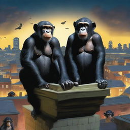 A highly realistic scene featuring two very angry chimpanzees standing on top of a zoo's roof at night, with a crowd of chimpanzees visible behind them