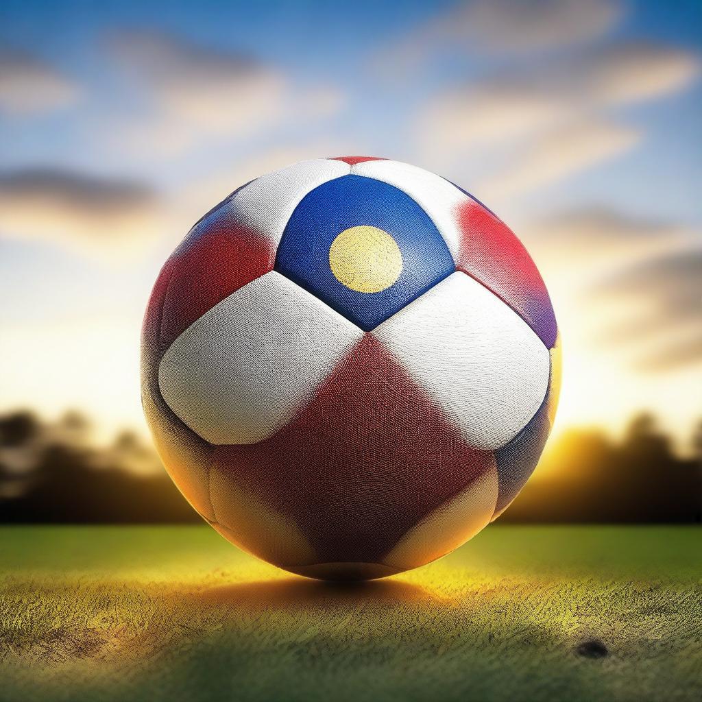 Create a detailed image of a soccer ball resembling the Euro 2024 ball with the sun setting behind it