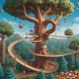 2D illustration of a vibrant scene filled with copious amounts of nuts, whimsical toys, and an acrobatic course winding its way through the treetops.