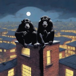 A highly realistic scene featuring two very angry chimpanzees standing on top of a roof at night, with a very big crowd of chimpanzees behind them