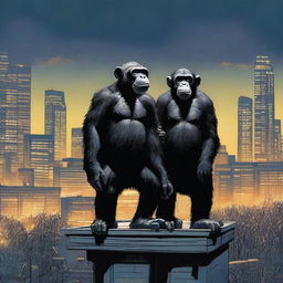 A highly realistic scene featuring two very angry chimpanzees standing on top of a roof at night, with a very big crowd of chimpanzees behind them