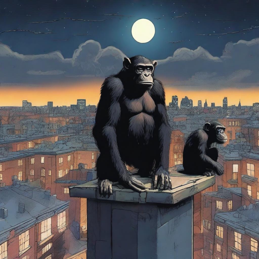 A highly realistic scene featuring two very angry chimpanzees standing on top of a roof at night, with a very big crowd of chimpanzees behind them