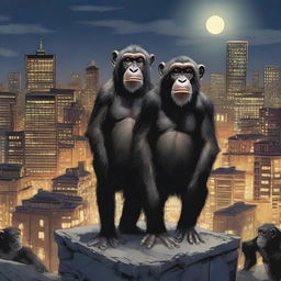 A highly realistic scene featuring two very angry chimpanzees standing on top of a roof at night, with a very big crowd of chimpanzees behind them