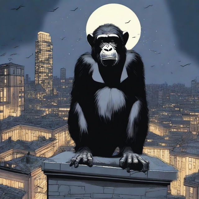 A highly realistic scene featuring two very angry chimpanzees standing on top of a roof at night, with a very big crowd of chimpanzees visible behind them