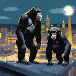 A highly realistic scene featuring two very angry chimpanzees standing on top of a roof at night, with a very big crowd of chimpanzees visible behind them