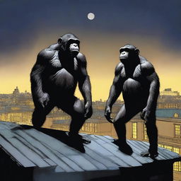 A highly realistic scene featuring two very angry chimpanzees standing on top of a roof at night, with a very big crowd of chimpanzees visible behind them