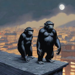 A highly realistic scene featuring two very angry chimpanzees standing on top of a roof at night, with a very big crowd of chimpanzees visible behind them