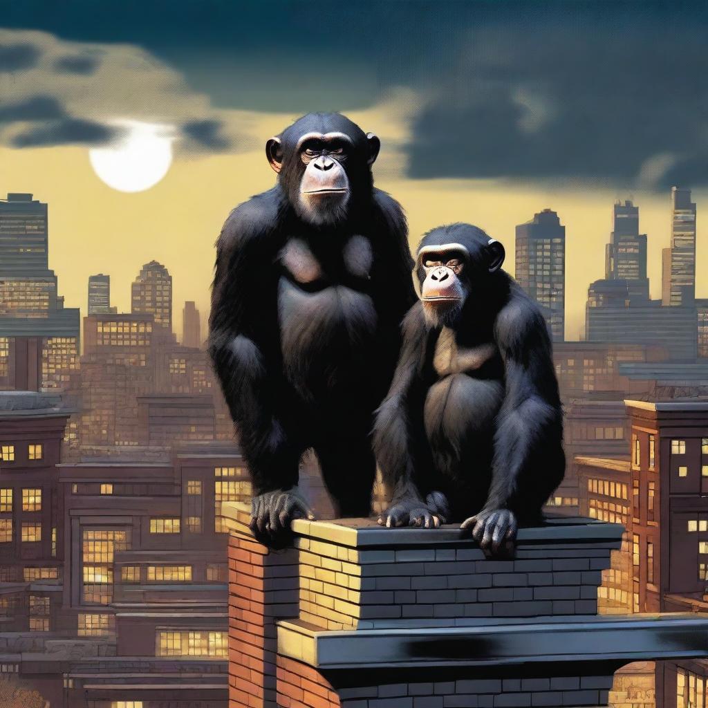 A highly realistic scene featuring two very angry chimpanzees standing on top of a roof at night, with a crowd of chimpanzees visible behind them