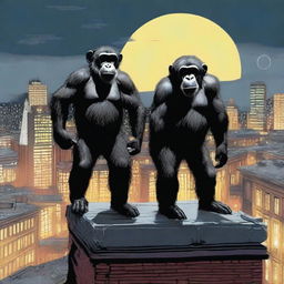 A highly realistic scene featuring two very angry chimpanzees standing on top of a roof at night, with a crowd of chimpanzees visible behind them