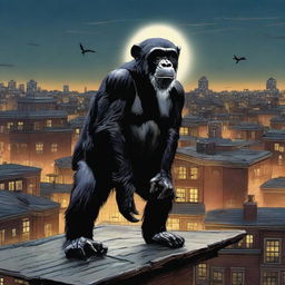 A highly realistic scene featuring two very angry chimpanzees standing on top of a roof at night, with a crowd of chimpanzees visible behind them