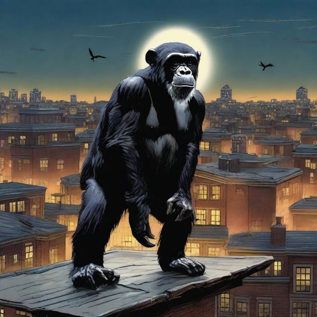 A highly realistic scene featuring two very angry chimpanzees standing on top of a roof at night, with a crowd of chimpanzees visible behind them