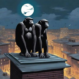 A highly realistic scene featuring two very angry chimpanzees standing on top of a roof at night, with a crowd of chimpanzees visible behind them