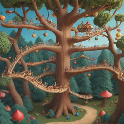 2D illustration of a vibrant scene filled with copious amounts of nuts, whimsical toys, and an acrobatic course winding its way through the treetops.