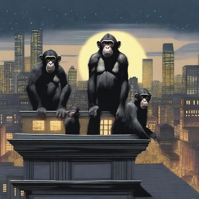 A highly realistic scene featuring two very angry chimpanzees standing on top of a roof at night, with a crowd of chimpanzees visible behind them