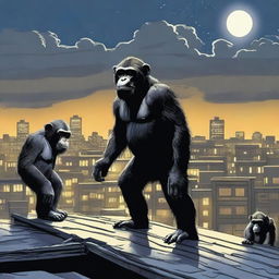 A highly realistic scene featuring two very angry chimpanzees standing on top of a roof at night, with a crowd of chimpanzees visible behind them