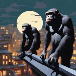 A highly realistic scene featuring two very angry chimpanzees standing on top of a roof at night, with a crowd of chimpanzees visible behind them