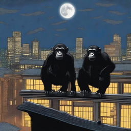 A highly realistic scene featuring two very angry chimpanzees standing on top of a roof at night, with a crowd of chimpanzees visible behind them