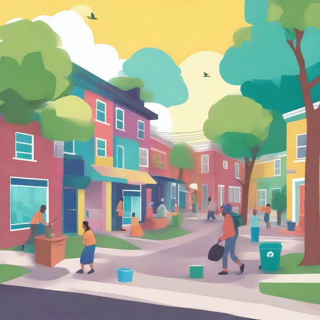 A vibrant digital art scene of a neighborhood where residents are actively involved in picking up general waste and collecting recycling fabric