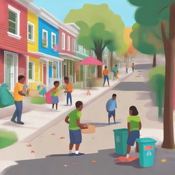 A vibrant digital art scene of a neighborhood where residents are actively involved in picking up general waste and collecting recycling fabric