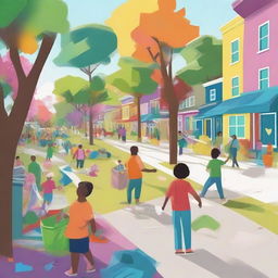 A vibrant digital art scene of a neighborhood where residents are actively involved in picking up general waste and collecting recycling fabric