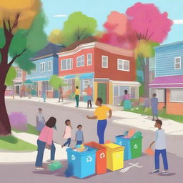 A vibrant digital art scene of a neighborhood where residents are actively involved in picking up general waste and collecting recycling fabric