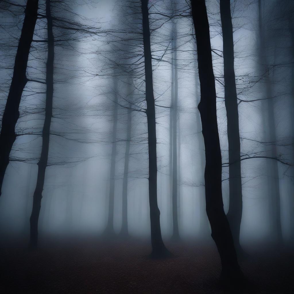 A dark and moody scene featuring a shadowy forest at night, with the moonlight casting eerie shadows