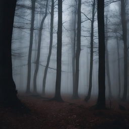 A dark and moody scene featuring a shadowy forest at night, with the moonlight casting eerie shadows