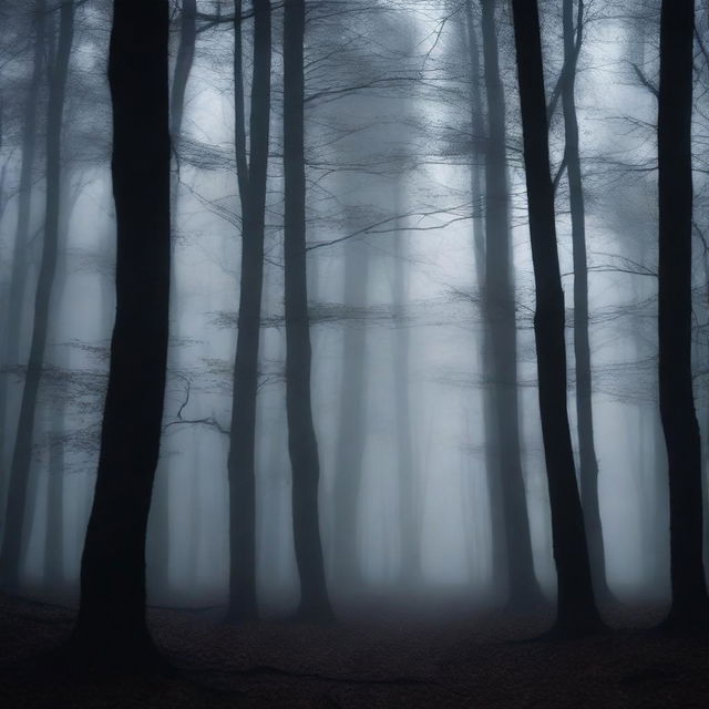 A dark and moody scene featuring a shadowy forest at night, with the moonlight casting eerie shadows