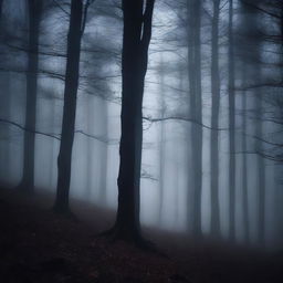 A dark and moody scene featuring a shadowy forest at night, with the moonlight casting eerie shadows