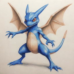 A pencil sketch of a unique Pokémon combining Greninja's body, Charizard's wings, and a frog's face.