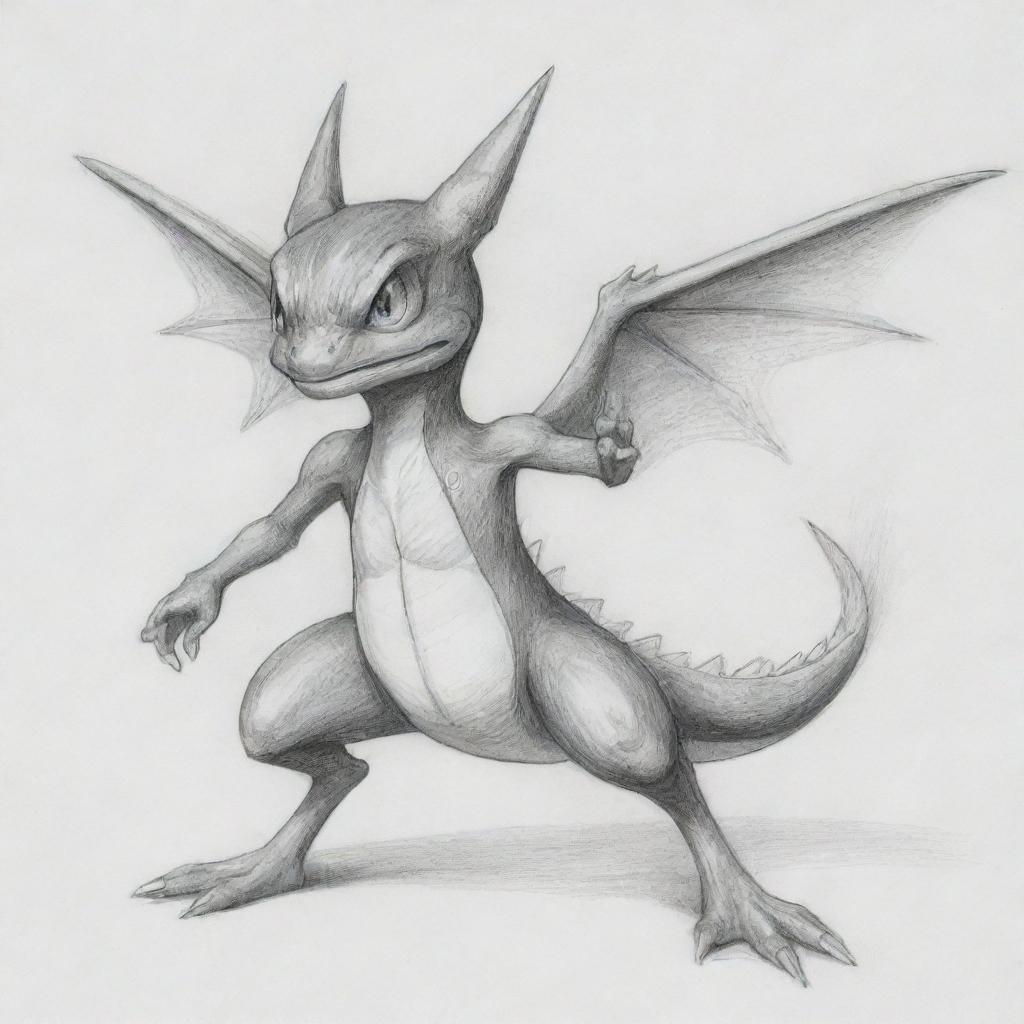 A pencil sketch of a unique Pokémon combining Greninja's body, Charizard's wings, and a frog's face.